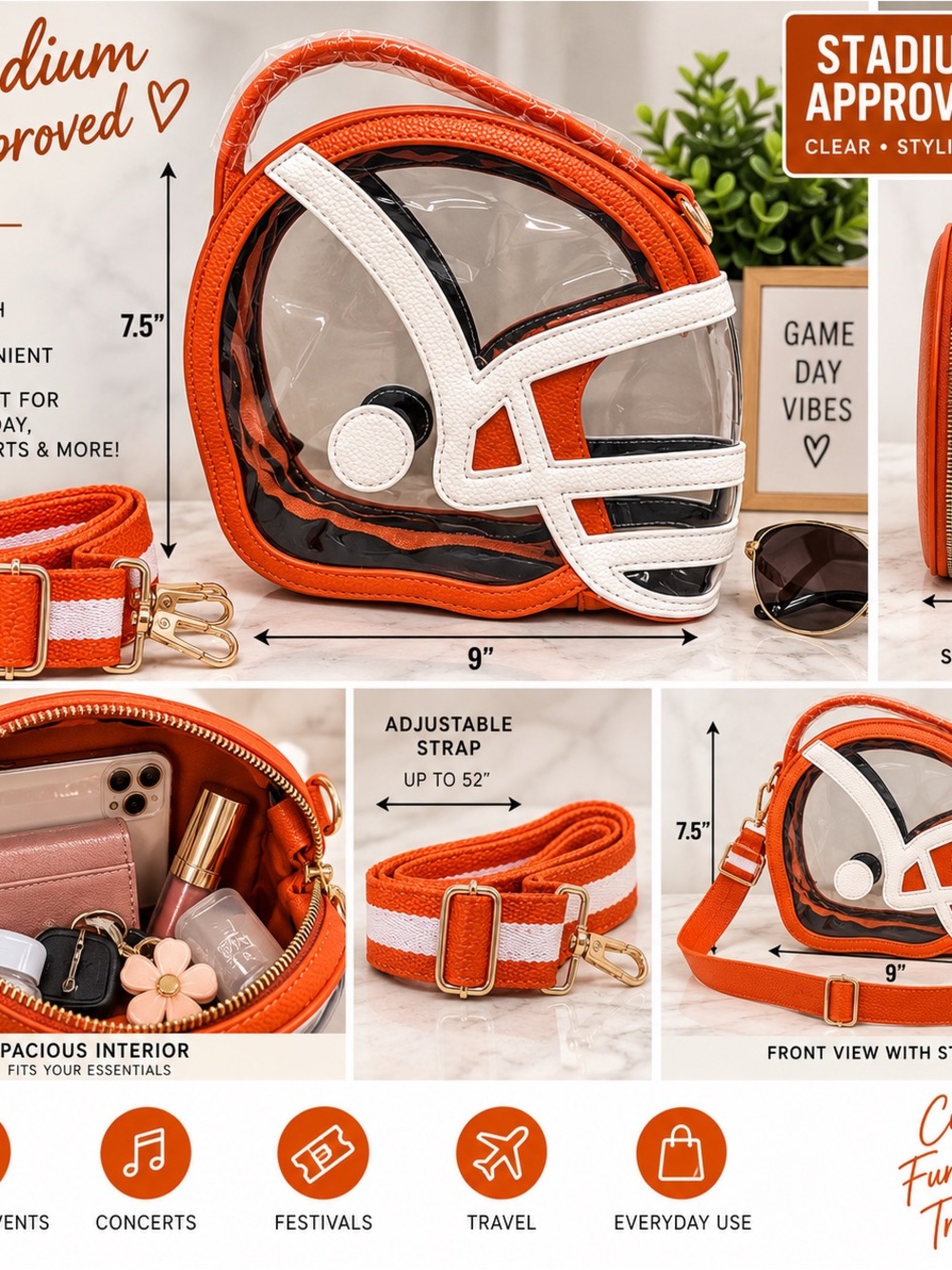 Stadium-Approved Orange Clear Football Helmet Crossbody Bag - Unbranded